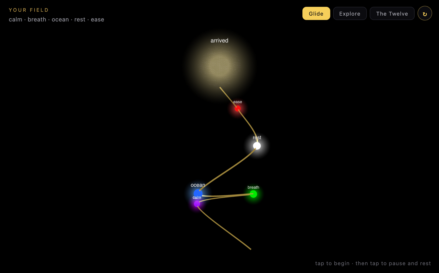 A composed field from calm, breath, ocean, rest and ease: a taller ascending spiral of coloured nodes climbing to its crown.