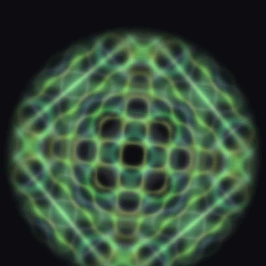 The field for the word courage: a luminous green nodal figure, concentric rounded squares crossed by bright diagonals, glowing on a dark ground.